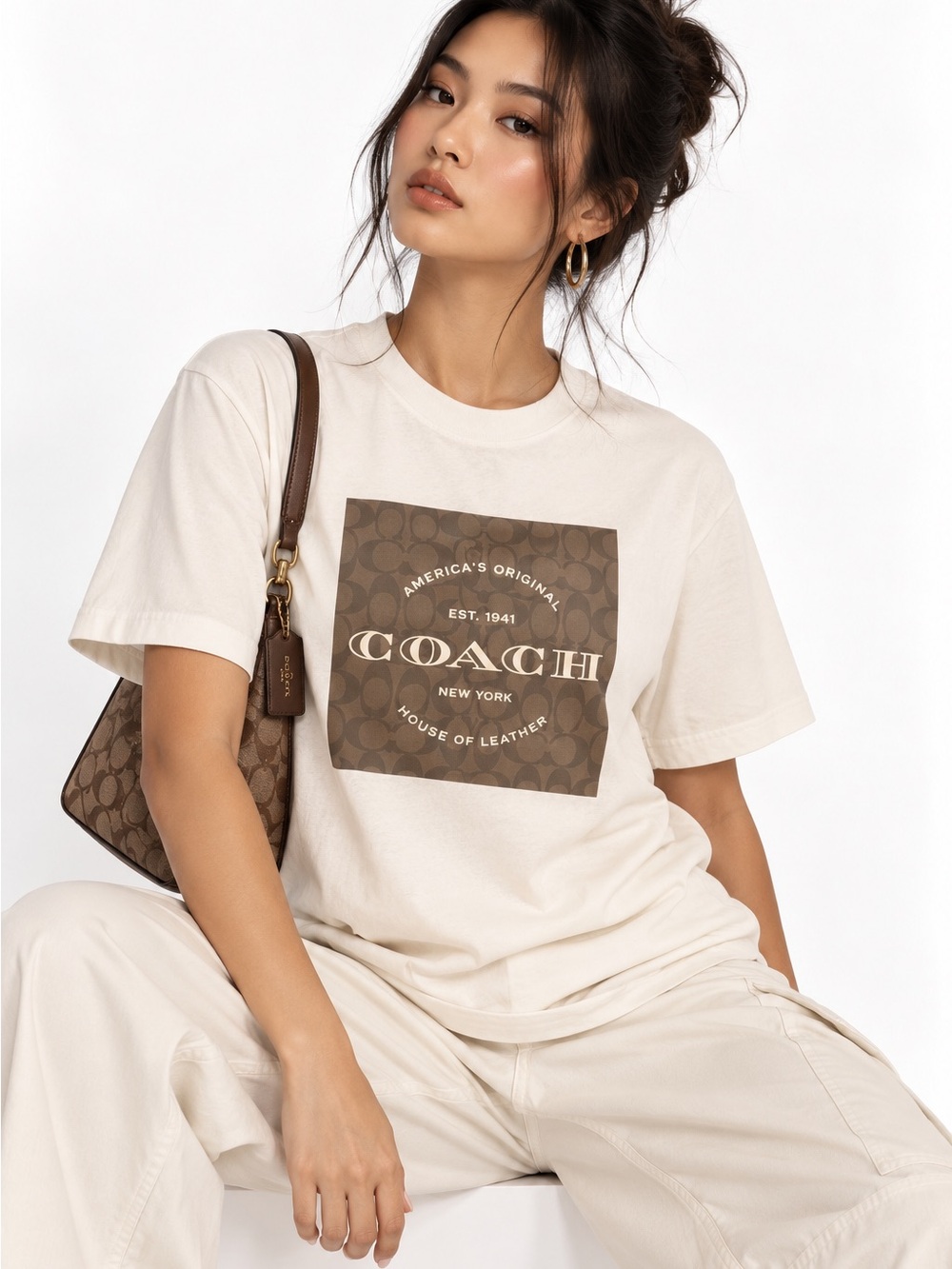 Coach White Tee with Brown Signature Circle Logo